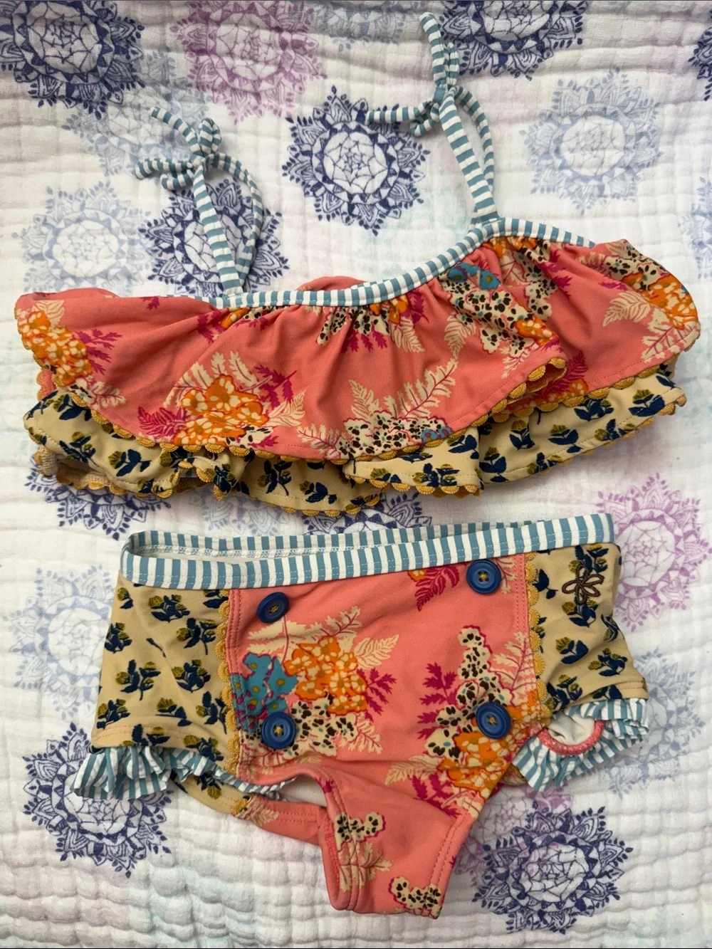 Gorgeous Matilda Jane Girls Floral Ruffle Two-Piece Swim Set - Coral & Cream